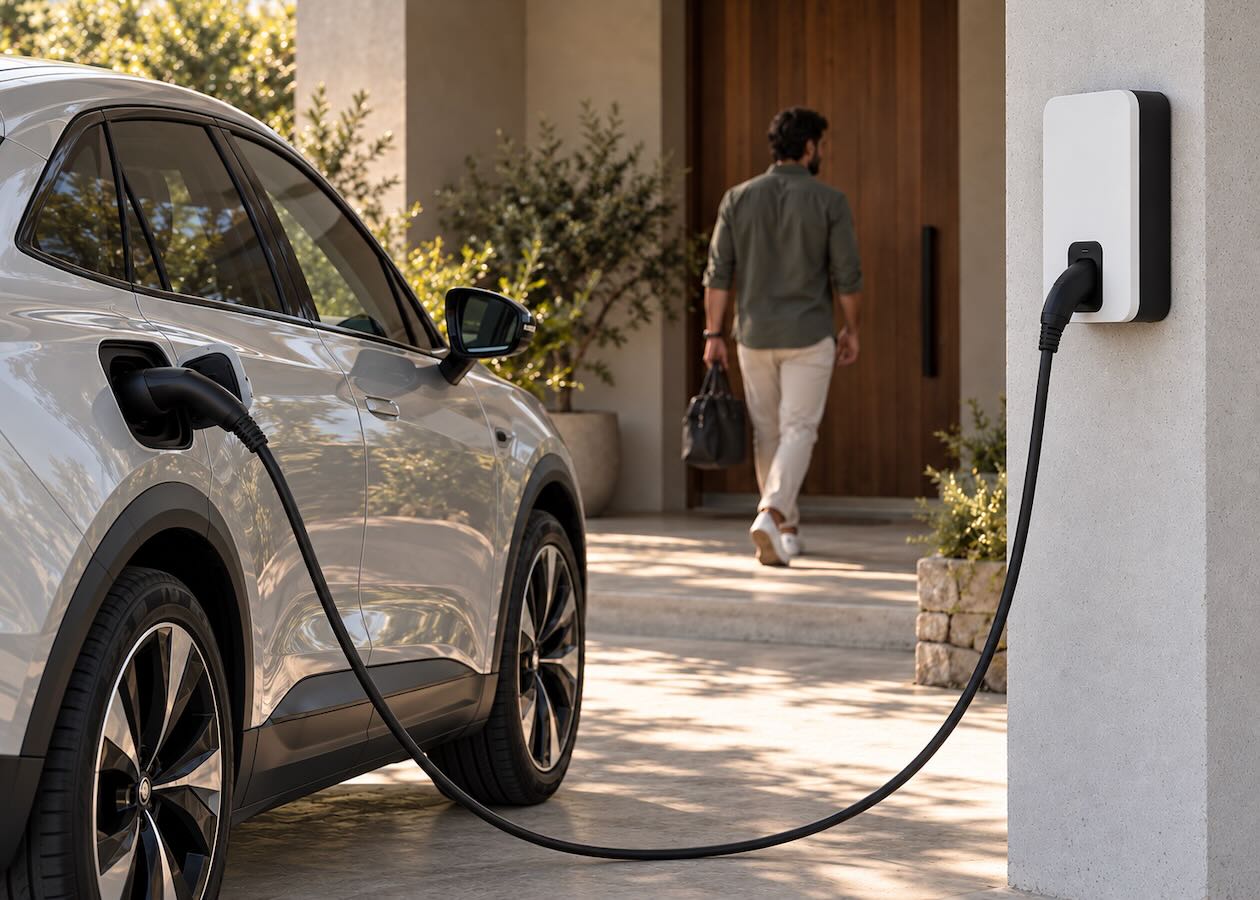 An electric vehicle charges at home as the owner walks back to the house.