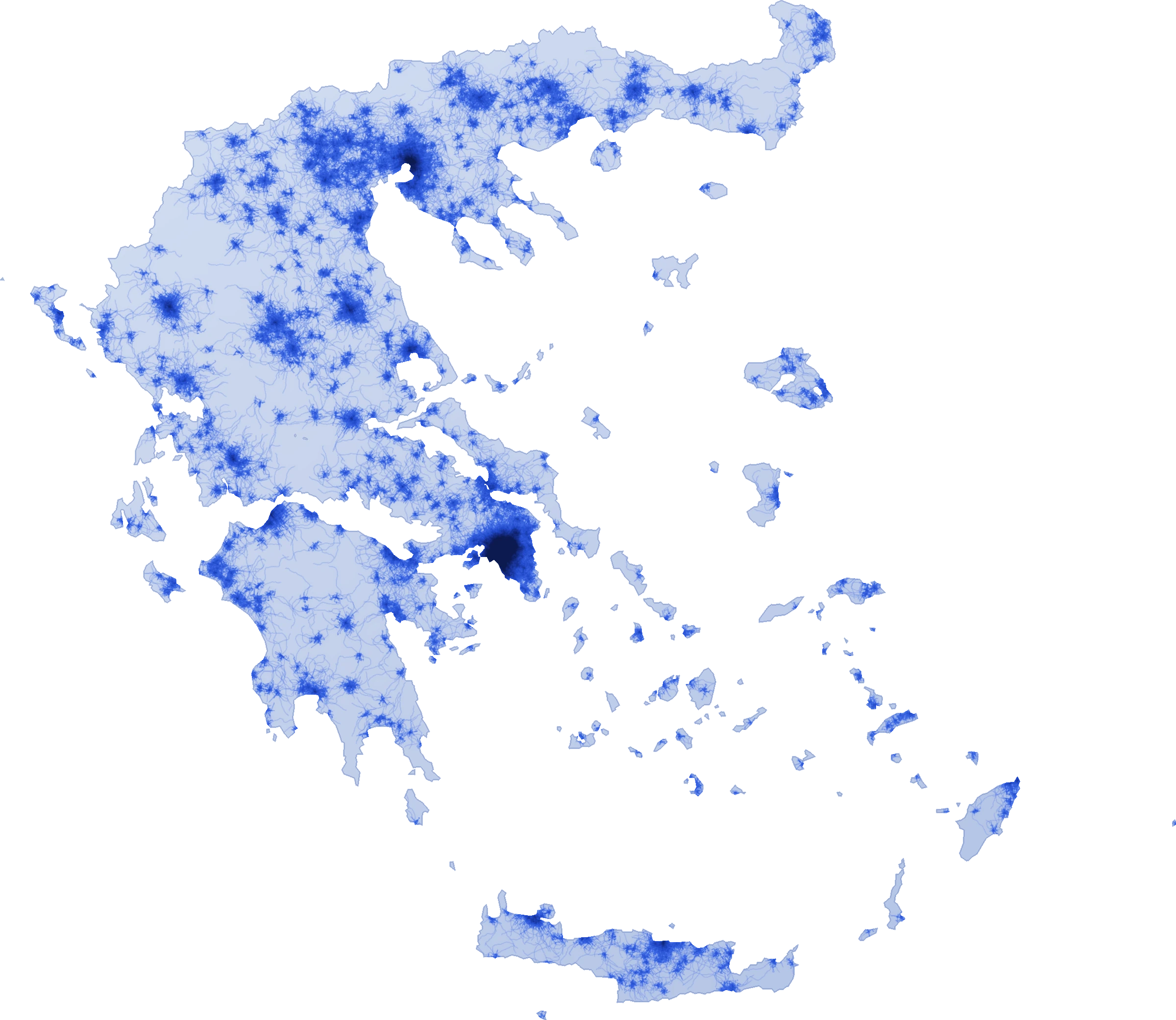 Map of Greece showing Recharge activity across cities, villages and islands, strongest around Athens and Thessaloniki.
