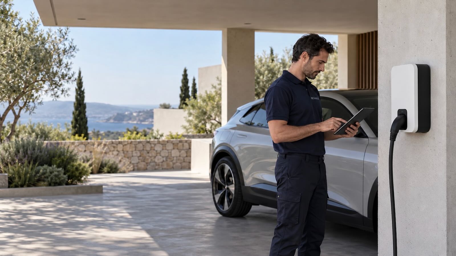 A technician checks an installed home charger in a parking space.